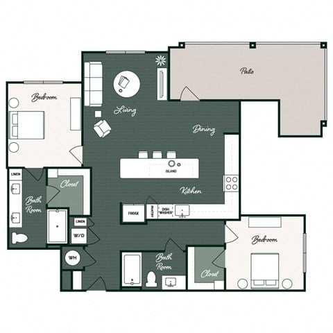 Floor plan for 2 beds, 2 baths, 1216 sqft